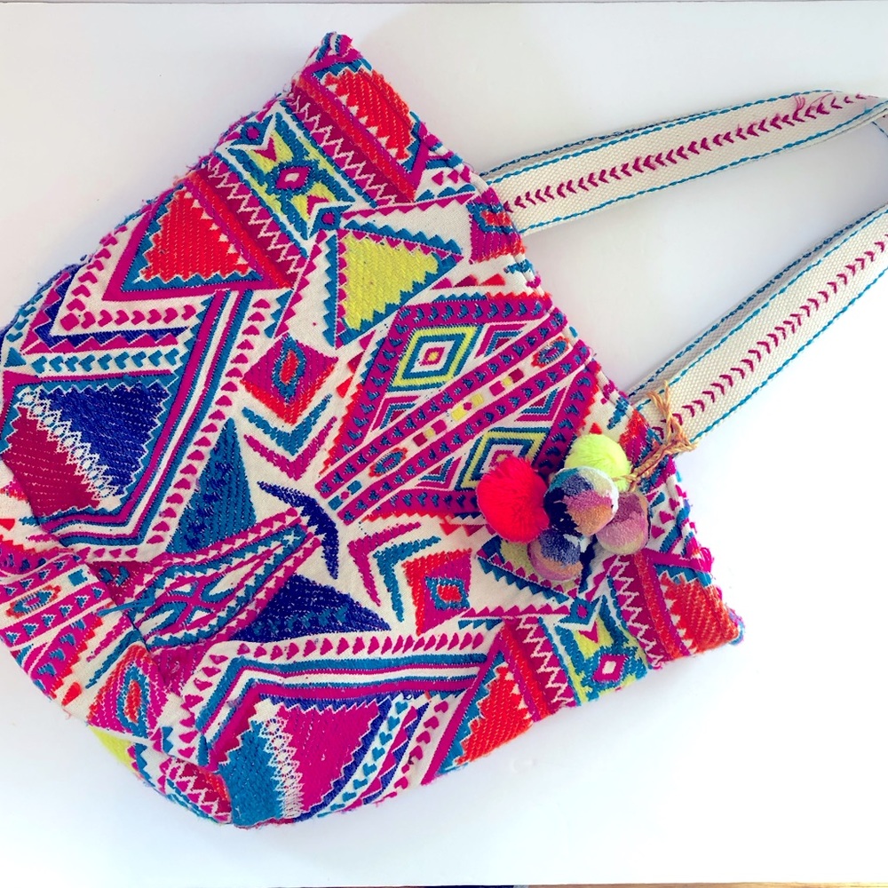 ASOS COLORFUL GEO TRIBAL BEACH SHOULDER BAG WITH POM POMS
